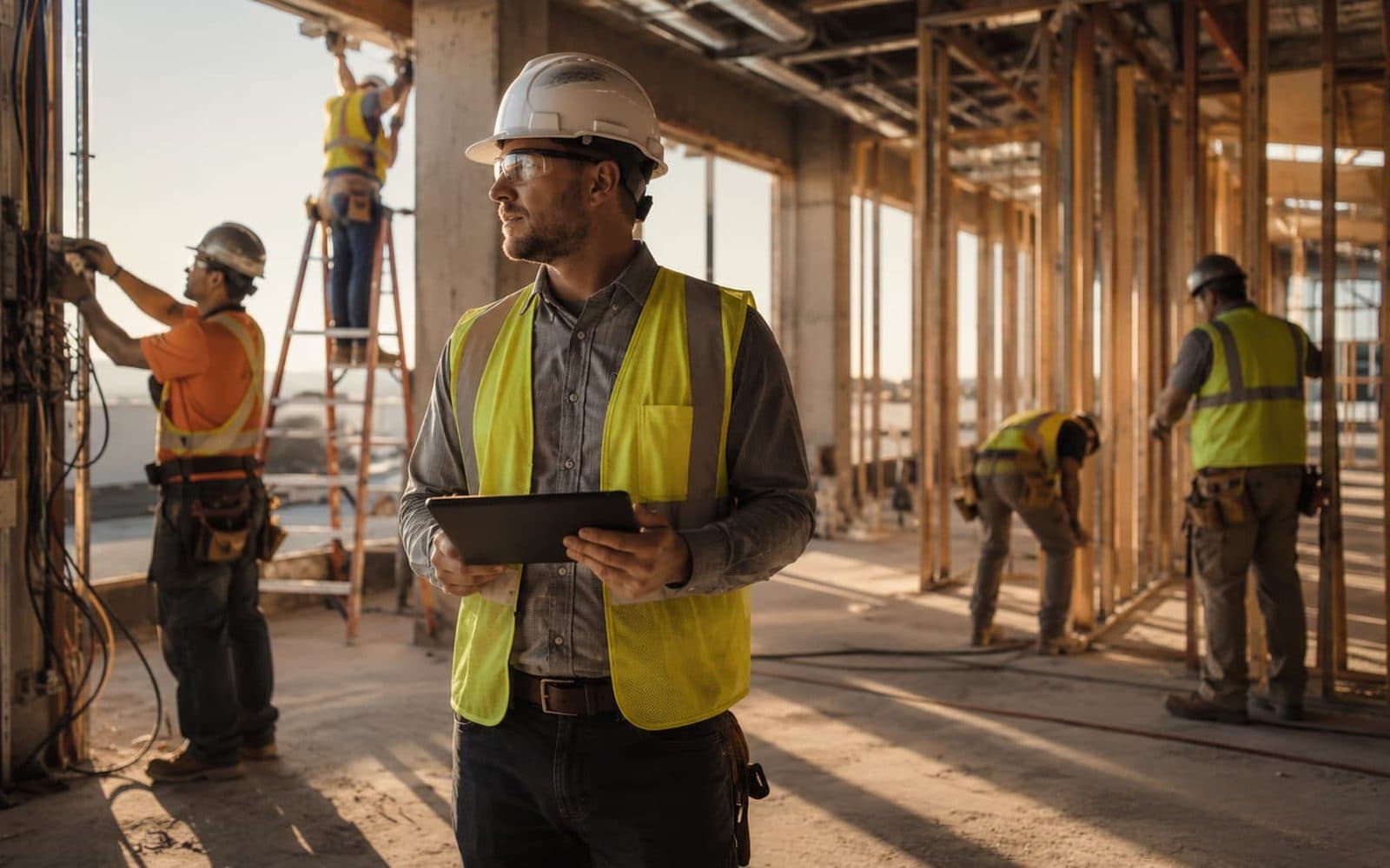 Ouvriers en casque et gilet haute visibilité sur un chantier